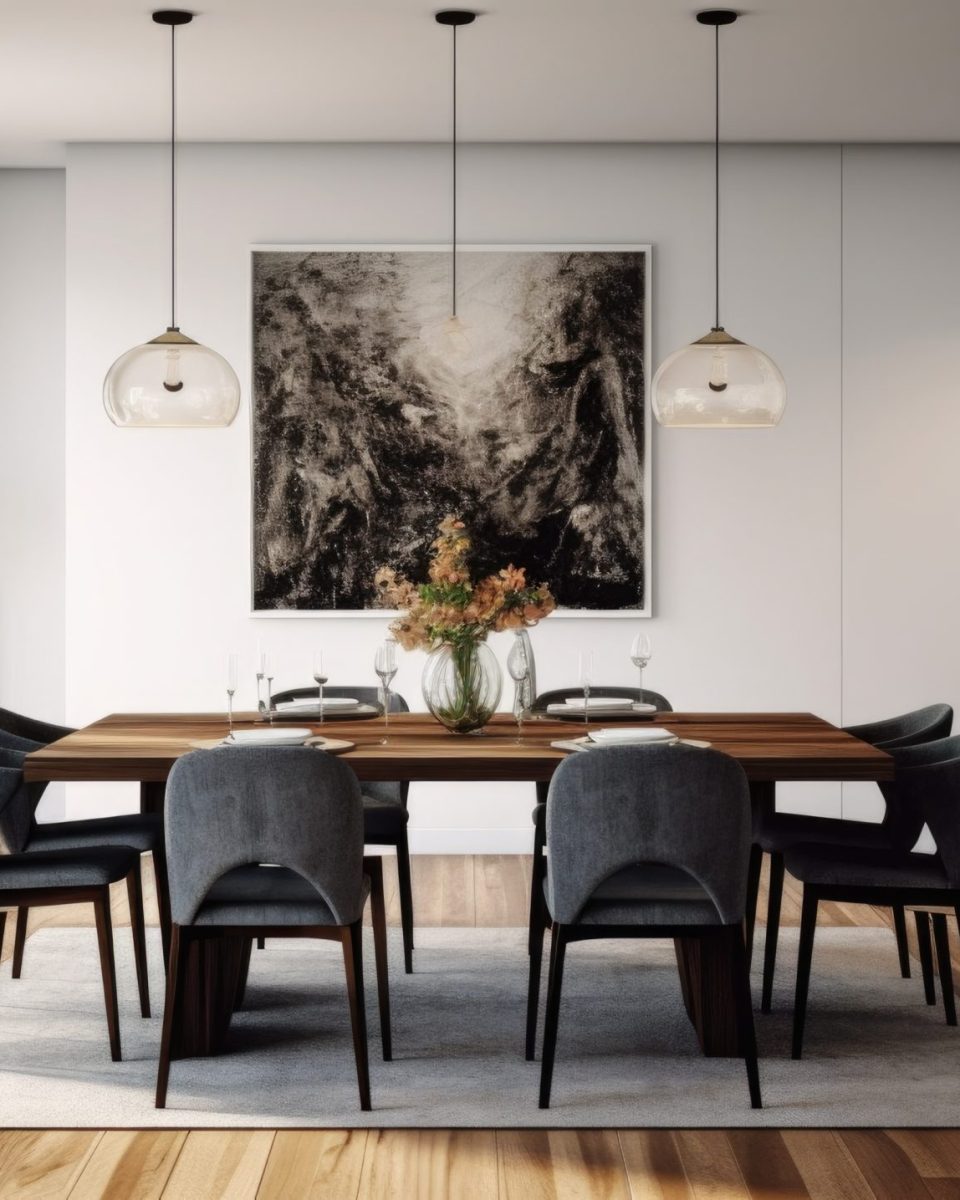 Interior design inspiration of Modern Minimal style home dining room loveliness decorated with Wood and Metal material and Chandelier .Generative AI home interior design .